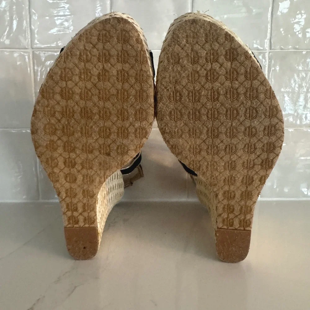 Lilly Pulitzer Ashley Wedge Sandal Women 9 Navy Gold Espadrille Platform Canvas
